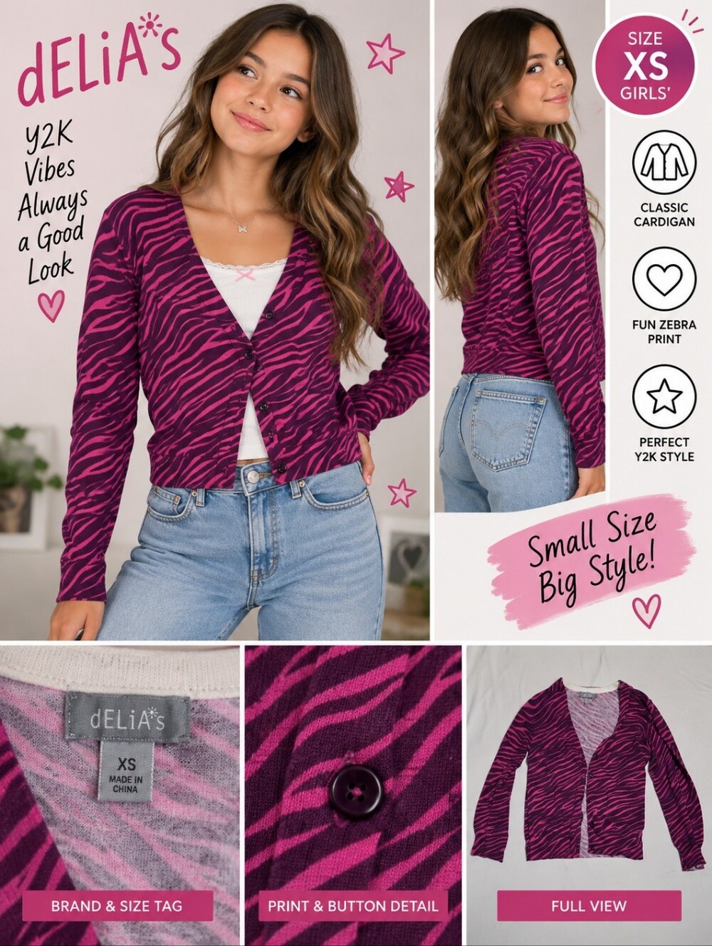 Delias girls XS pink zebra cardigan sweater #18